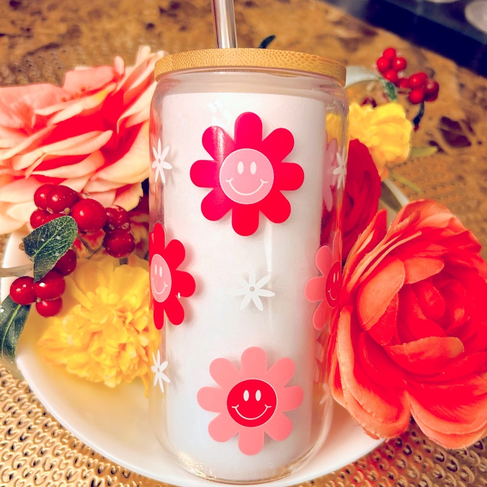 Cute glass tumbler with bamboo lid and straw.